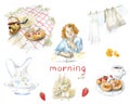 Watercolor ginger cute girl writer and morning view, cozy country elements - bed, dishes, breakfast, cottagecore. Hand