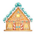 Watercolor gingerbread house with sweets