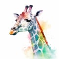 Watercolor Giraffe portrait, painted illustration of a cute safari giraffe on a blank background, Colorful splashes Royalty Free Stock Photo