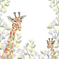 Watercolor giraffes in eucalyptus leaves, painted with a brush, handmade. Mother and child