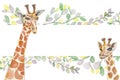 Watercolor giraffes in eucalyptus leaves, painted with a brush, handmade. Mother and child