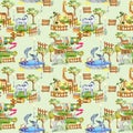 Watercolor giraffes, zebra and whales at the zoo seamless pattern
