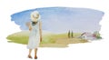 Watercolor girl going home with collected flowers on field , summer village rural illustration on white background
