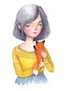 Watercolor girl holding a baby fox. A portrait isolated on white background.