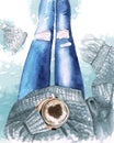 Watercolor girl legs in jeans with mug top view