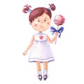 Watercolor girl with lollipop. Card with child and candy for Valentine's day.