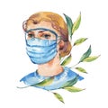 Watercolor girl with medical blue mask, medical equipment