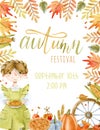 Watercolor girl with pie, autumn leaves and pumpkins invitation template Royalty Free Stock Photo