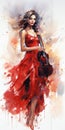 watercolor girl in a red dress with a violin. Generative AI Royalty Free Stock Photo