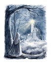 Watercolor girl stands in night forest near tree and looks at fairy tale castle Royalty Free Stock Photo