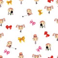 Watercolor girls with bow on white background. Seamless pattern for design.