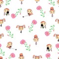 Watercolor girls with flower on white background. Seamless pattern for design.