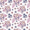 Watercolor glamorous seamless pattern with beautiful hydrangea flowers bouquet. Violet , blue and pink garden flowers , vintage