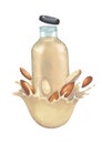 Watercolor glass bottle of the plant based milk decorated with splashes and almonds.