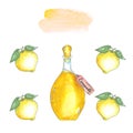 Watercolor glass bottle with yellow limoncello and lemons with leaves Royalty Free Stock Photo