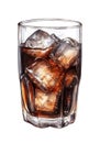 Watercolor glass of cola with ice.