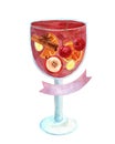 Watercolor glass colored goblet. Cherry drink with fruit in a glass for a holiday card. New Year's Royalty Free Stock Photo