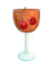 Watercolor glass colored goblet. Orange drink with cherries in a glass for a solemn illustration.