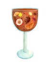 Watercolor glass colored goblet. Orange drink with fruit in a glass.