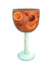Watercolor glass colored goblet isolated on white background. Orange drink with fruits and bubbles in a glass