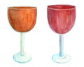 Watercolor glass colored goblets isolated on white background. Orange and red drink in a glass for a ceremonial illustration Royalty Free Stock Photo