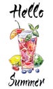 Watercolor glass fruit tea with different fruits and mint