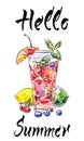 Watercolor glass fruit tea with different fruits and mint