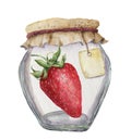 Watercolor glass jar for jam with label for an inscription and strawberry. Illustration isolated on white background