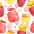 Watercolor glass jar of jam and sweet honey, rose hips and flowers seamless pattern. Hand drawn vintage delicious preserves