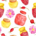 Watercolor glass jar of jam and sweet honey, rose hips and flowers seamless pattern. Hand drawn vintage delicious preserves