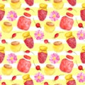 Watercolor glass jar of jam, sweet honey, rose hips and flowers seamless pattern. Hand drawn vintage delicious preserves