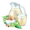 Watercolor glass and pitcher of the plant based milk decorated with the bowl of hazelnuts and leaves