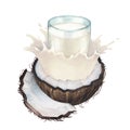 Watercolor glass of the plant based milk splashing out from the sliced coconut.