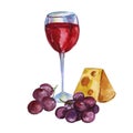 Watercolor glass of red wine with cheese, and blue grapes. Kitchen still life. Hand painted design isolated on white background Royalty Free Stock Photo