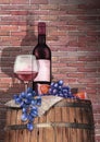 Watercolor glass of red wine, bottle, grapes and figs on the wooden barrel Royalty Free Stock Photo