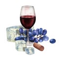 Watercolor glass of red wine decorated with cheese, blue grapes and cork Royalty Free Stock Photo