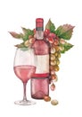Watercolor glass of rose wine, bottle and bunch of white and red grapes