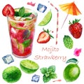 Watercolor glass with a strawberry mojito cocktail. Mint leaves, lime, lime slices, ice cubes for drinks, cocktails, strawberries Royalty Free Stock Photo