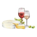 Watercolor glasses of red and white wines, cheese and white grapes