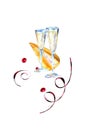 Watercolor glasses with sparkling wine, carnival hat and paper streamers