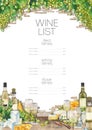 Watercolor glasses of white wine, bottles, white grapes and cheese. Royalty Free Stock Photo