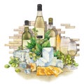 Watercolor glasses of white wine, bottles, white grapes and cheese. Royalty Free Stock Photo