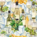 Watercolor glasses of white wine, bottles, white grapes and cheese. Royalty Free Stock Photo