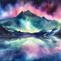 watercolor of a glassy placid lake in the arctic mountains, a glowing galactic nebulae night sky.