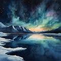 watercolor of a glassy placid lake in the arctic mountains, a glowing galactic nebulae night sky. Royalty Free Stock Photo