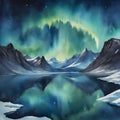 watercolor of a glassy placid lake in the arctic mountains, a glowing galactic nebulae night sky.