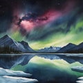 watercolor of a glassy placid lake in the arctic mountains, a glowing galactic nebulae night sky. Royalty Free Stock Photo