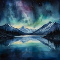 watercolor of a glassy placid lake in the arctic mountains, a glowing galactic nebulae night sky.