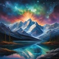 watercolor of a glassy placid lake in the arctic mountains, a glowing galactic nebulae night sky. Royalty Free Stock Photo