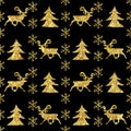 Watercolor glitter Scandinavian Christmas  seamless pattern border with deers pine trees and snowflakes Royalty Free Stock Photo